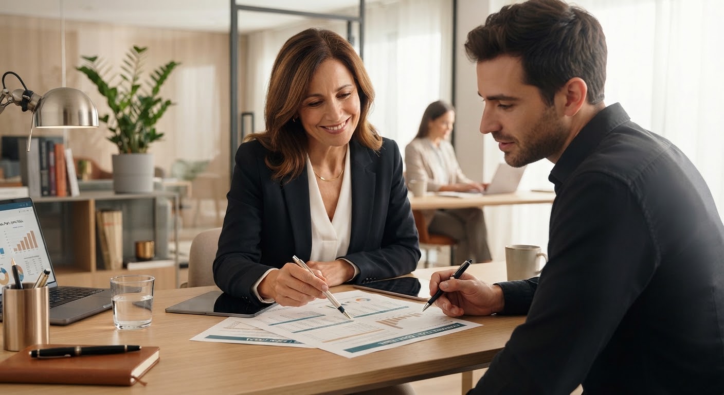 Asesor financiero de Espai Fiscal revisando documentos con un cliente en una oficina moderna de Lleida